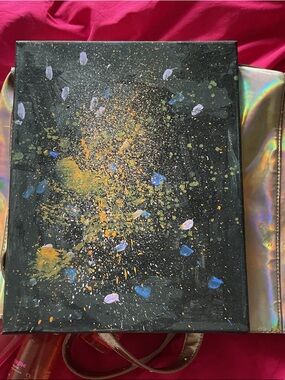 Abstract Splatter Canvas Art in Black with Gold and Blue Accents